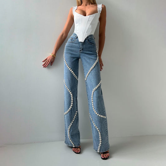 Pantalon ample en jean à taille large et strass pour femme